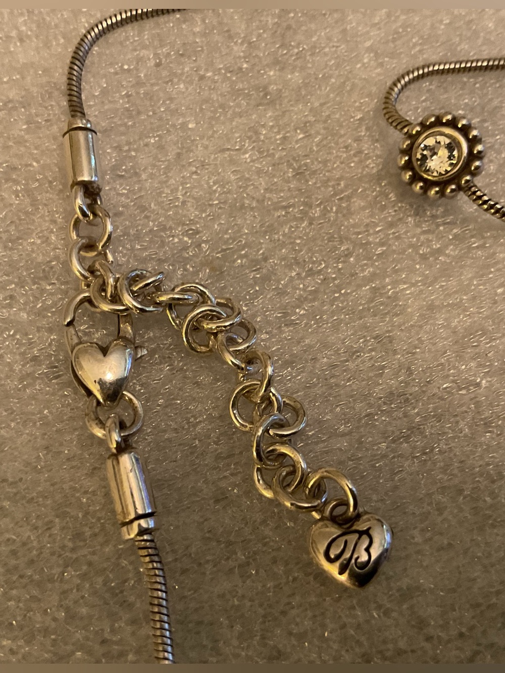 Brighton Crystal Station Necklace 24” Sil Tone Snake Chain Heart Clasp Necklace - Picture 7 of 10